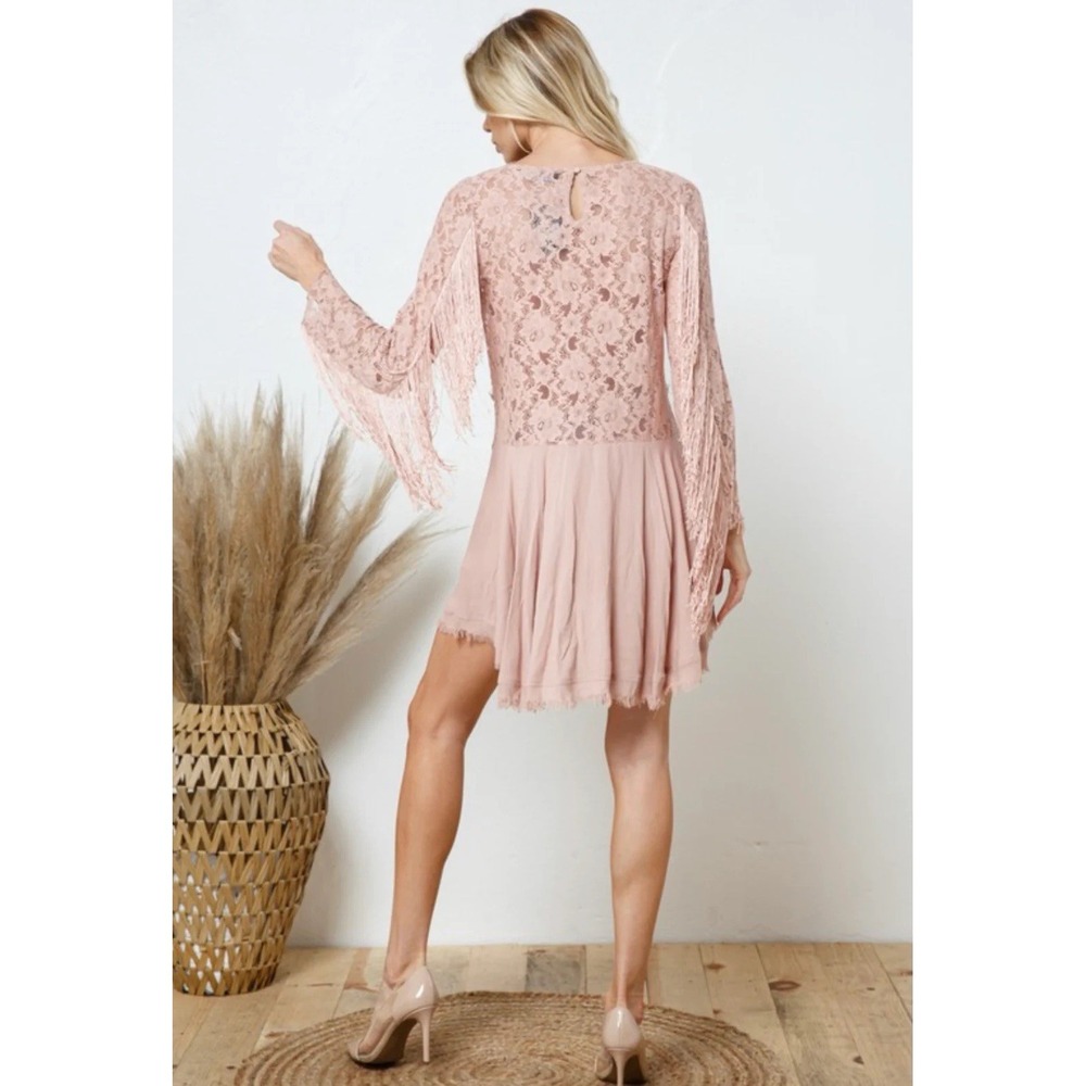 Blue B Collection Boho Lace Dress Mauve Pink with Fringe Long Sleeves, Size S
